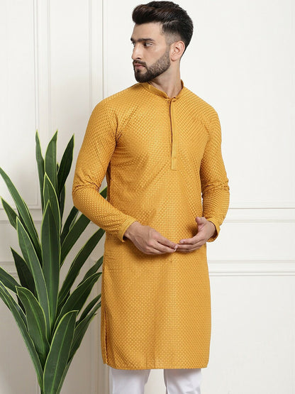 Mustard Yellow Geometric Embroidered Men's Kurta – Mandarin Collar, Pure Cotton, Thread Work Detail | Indiaista