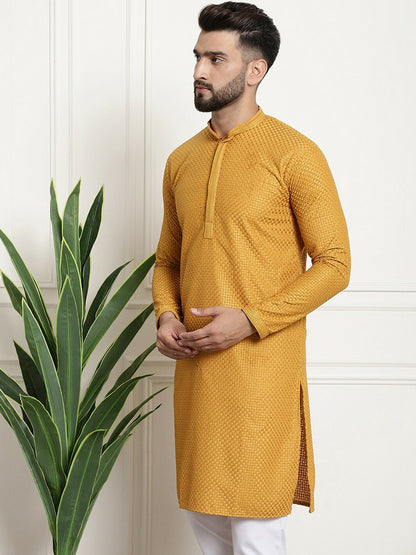 Mustard Yellow Geometric Embroidered Men's Kurta – Mandarin Collar, Pure Cotton, Thread Work Detail | Indiaista