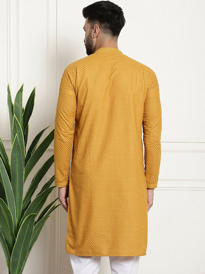 Mustard Yellow Geometric Embroidered Men's Kurta – Mandarin Collar, Pure Cotton, Thread Work Detail | Indiaista