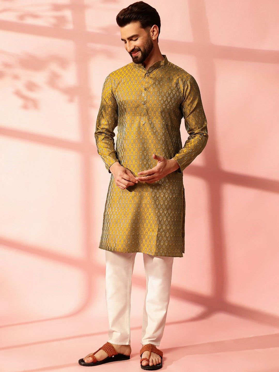 Men’s Mustard Yellow Woven Kurta with Pyjamas – Bold Yet Traditional