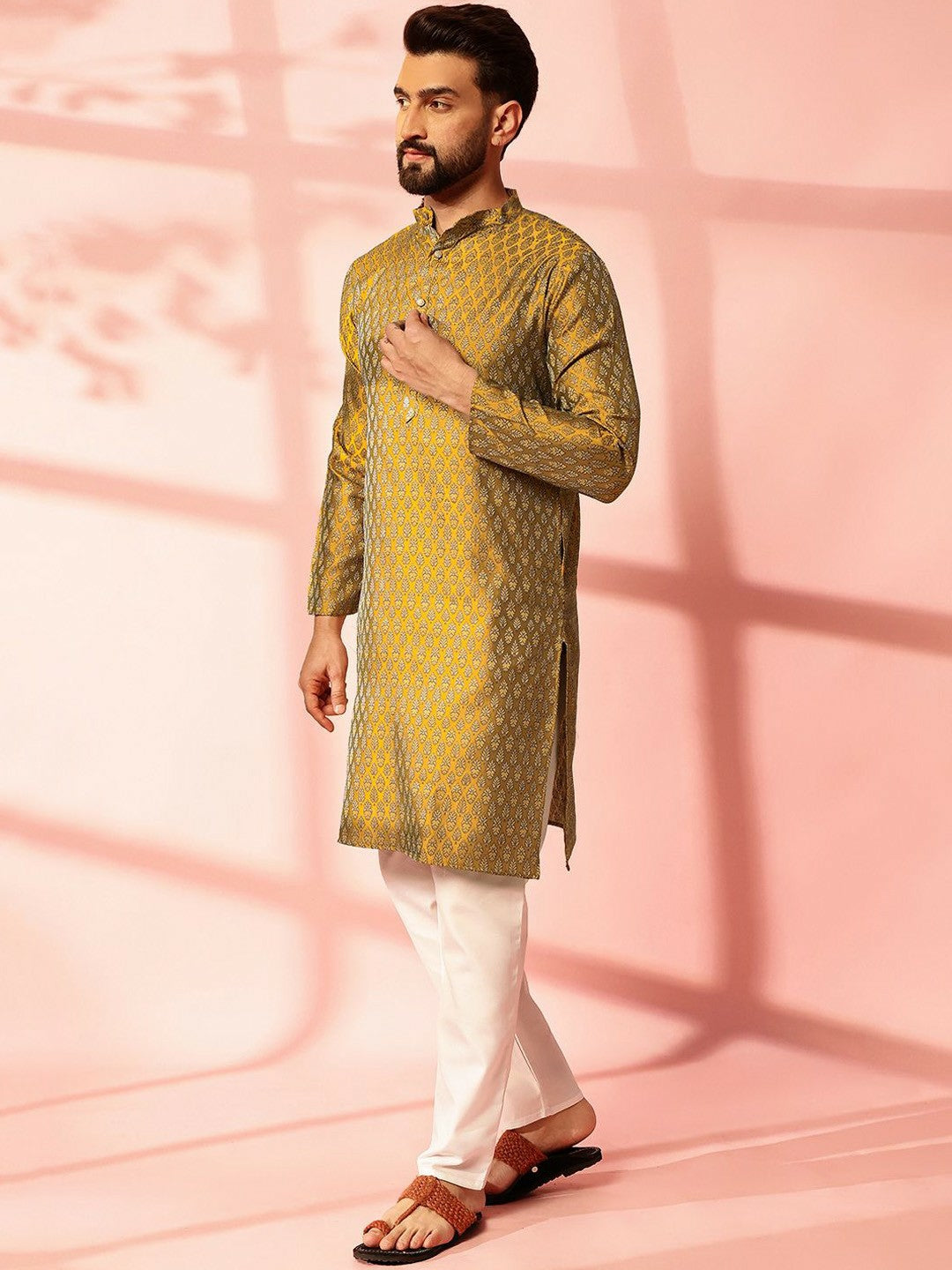 Men’s Mustard Yellow Woven Kurta with Pyjamas – Bold Yet Traditional