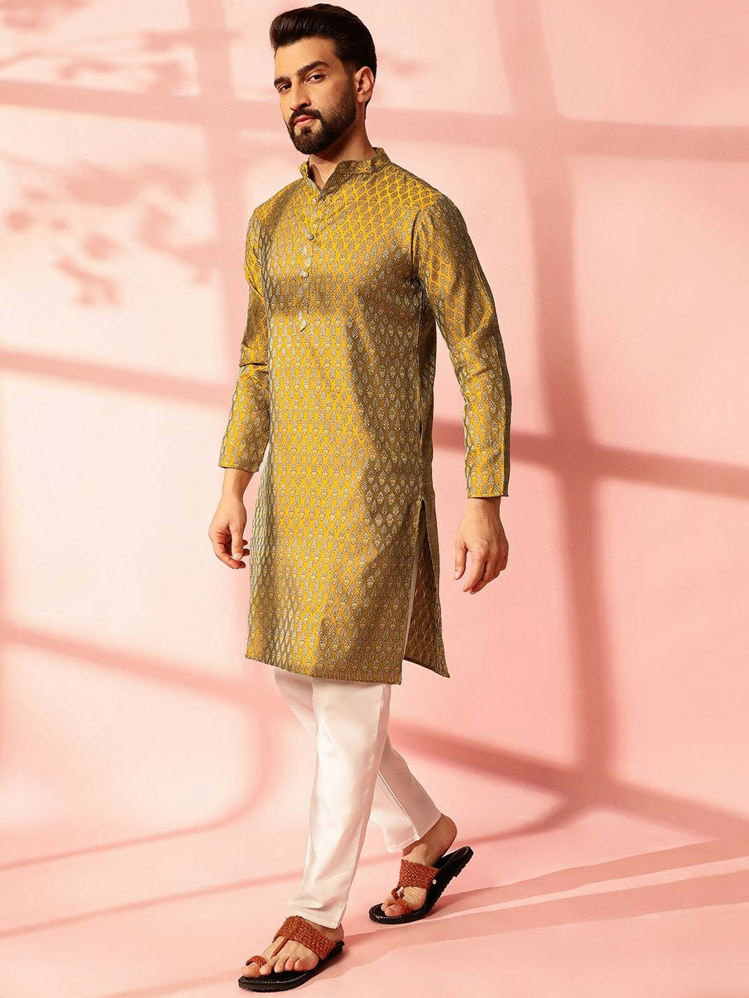 Men’s Mustard Yellow Woven Kurta with Pyjamas – Bold Yet Traditional