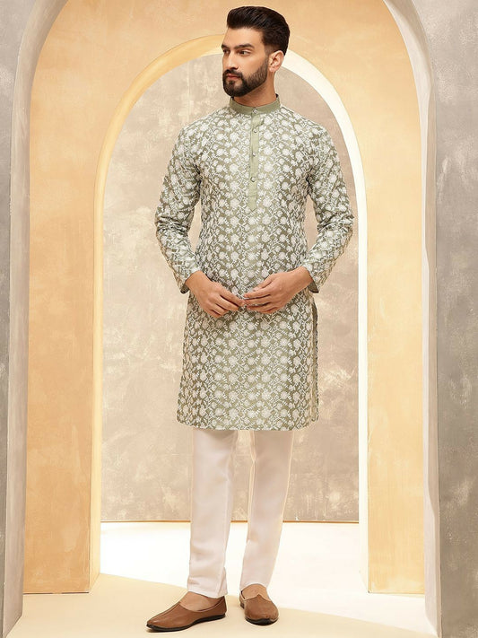 Men’s Green Floral Embroidered Kurta with Pyjamas – Timeless Grace for Celebrations