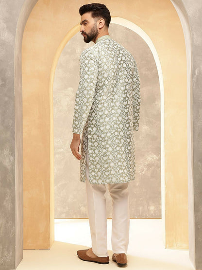 Men’s Green Floral Embroidered Kurta with Pyjamas – Timeless Grace for Celebrations