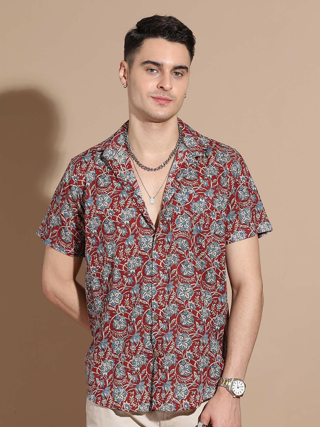Men’s Maroon Floral Cotton Shirt – Bold Prints, Everyday Comfort
