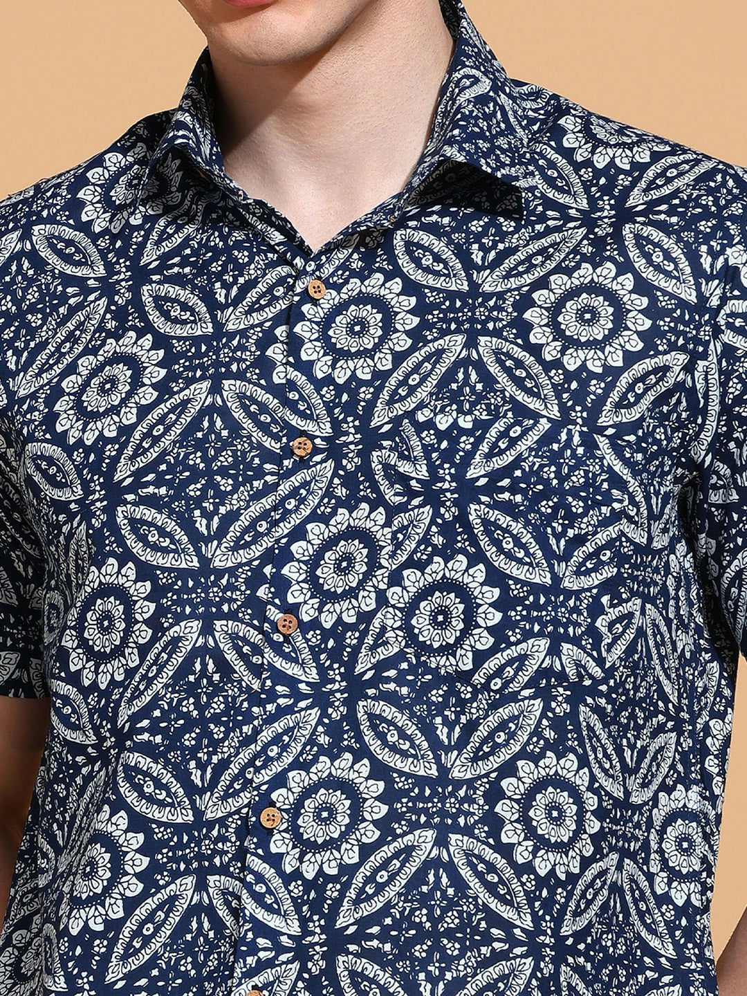 Men's Slim Fit Blue Cotton Shirt with Ethnic Motif Print