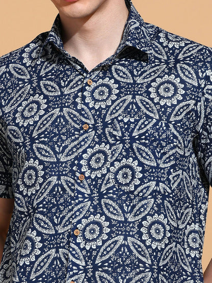 Men's Slim Fit Blue Cotton Shirt with Ethnic Motif Print