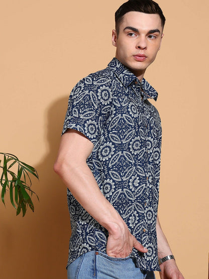 Men's Slim Fit Blue Cotton Shirt with Ethnic Motif Print