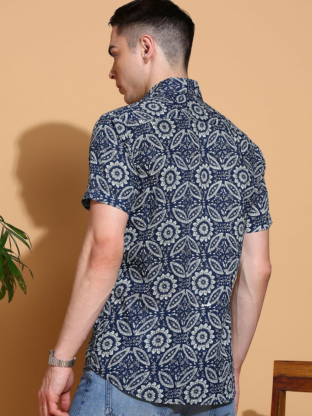 Men's Slim Fit Blue Cotton Shirt with Ethnic Motif Print