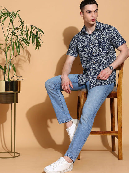Men's Slim Fit Blue Cotton Shirt with Ethnic Motif Print