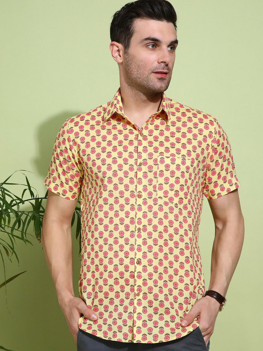 Men's Slim Fit Yellow Cotton Shirt with Floral Design