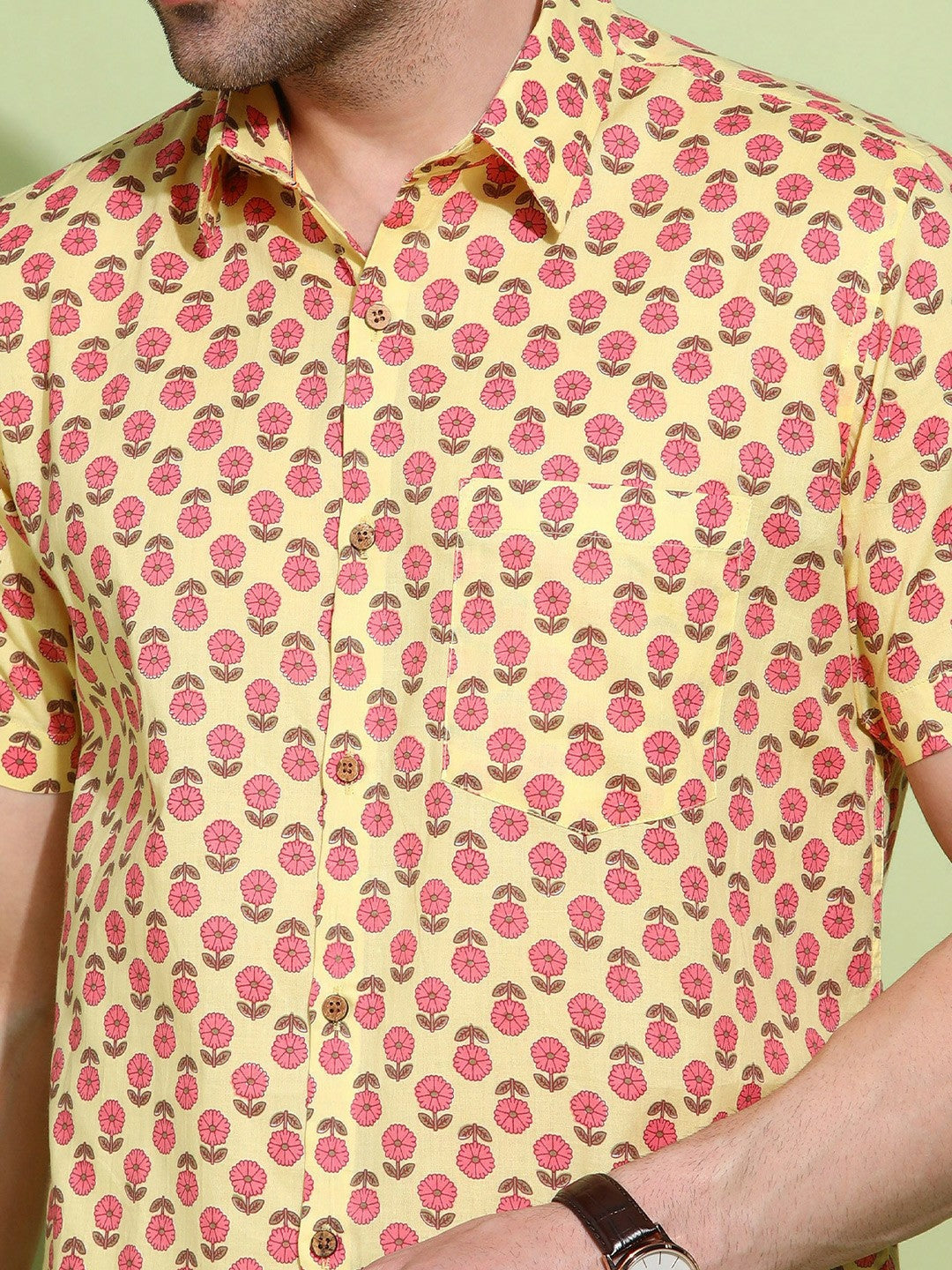 Men's Slim Fit Yellow Cotton Shirt with Floral Design