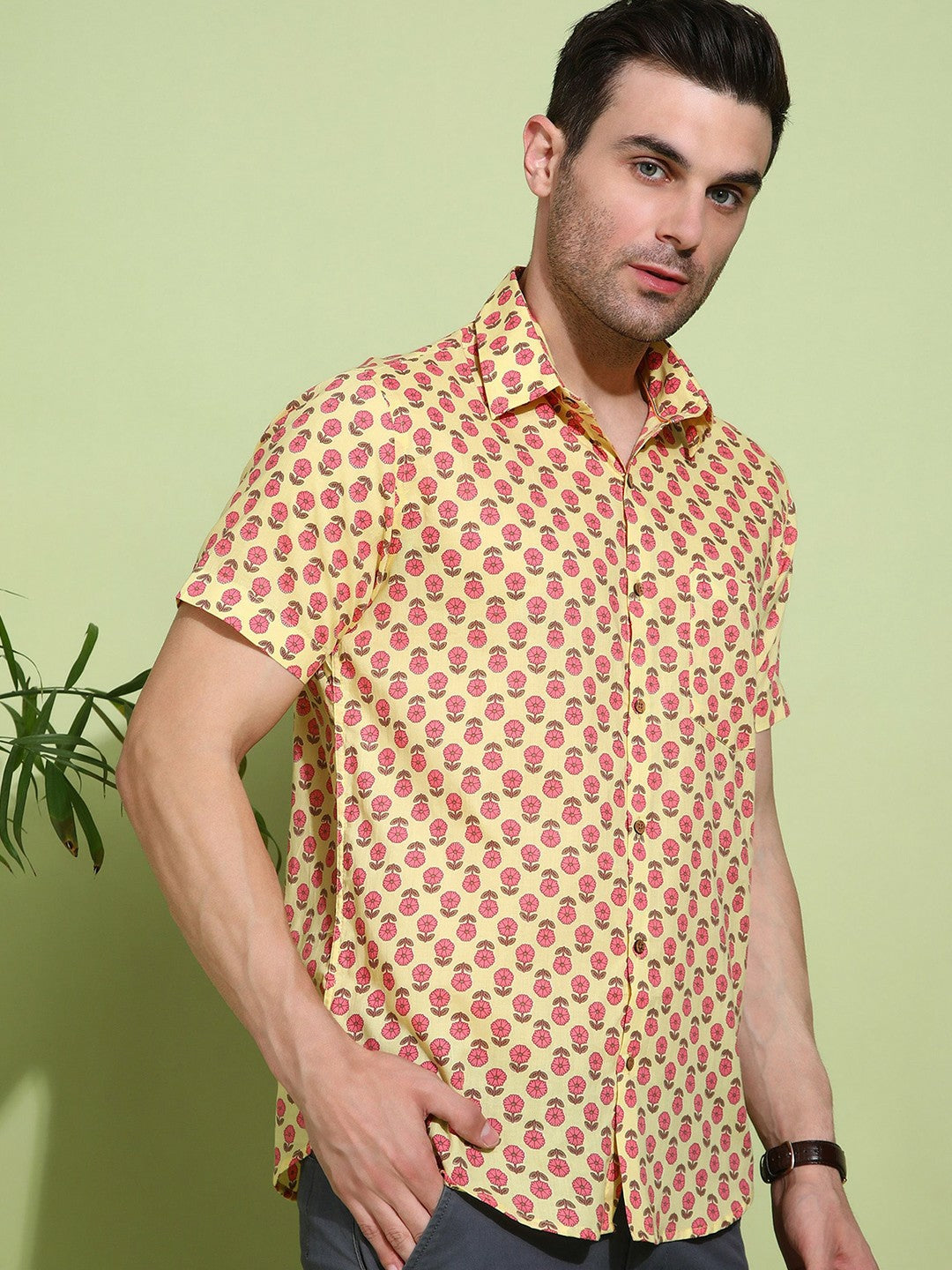 Men's Slim Fit Yellow Cotton Shirt with Floral Design