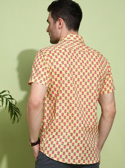 Men's Slim Fit Yellow Cotton Shirt with Floral Design