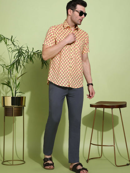 Men's Slim Fit Yellow Cotton Shirt with Floral Design