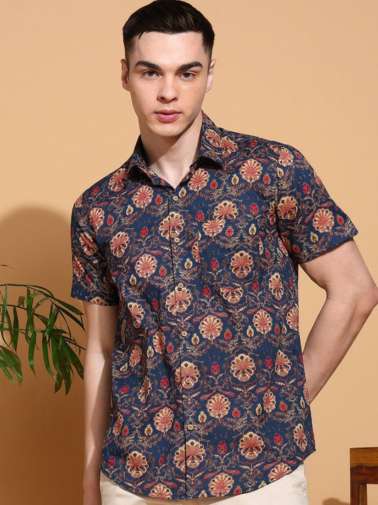 Men's Slim Fit Blue Cotton Shirt with Floral Pattern