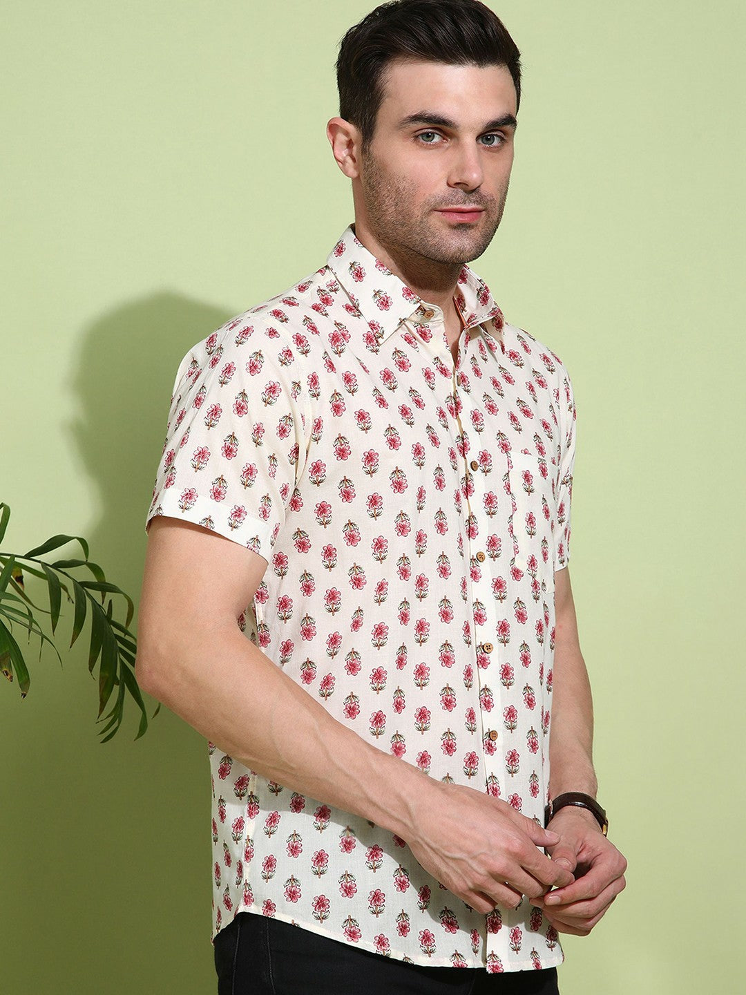 Men's Slim Fit Cream Cotton Shirt with Subtle Check Pattern