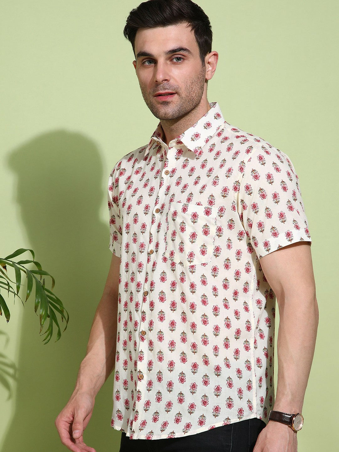 Men's Slim Fit Cream Cotton Shirt with Subtle Check Pattern