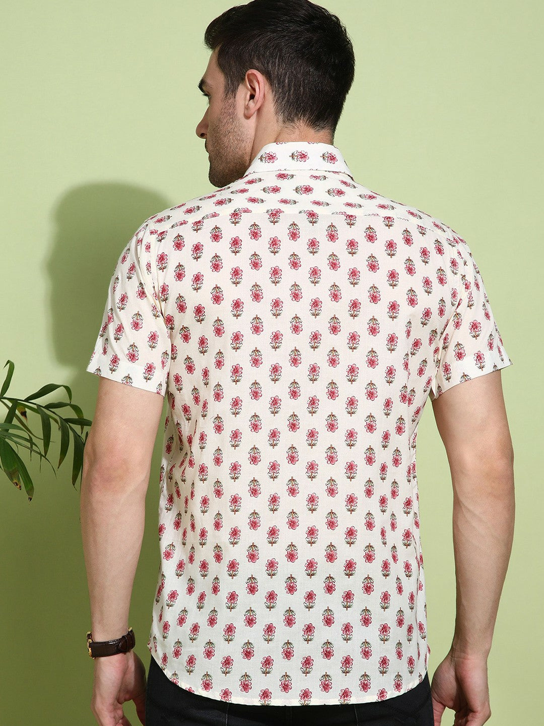 Men's Slim Fit Cream Cotton Shirt with Subtle Check Pattern
