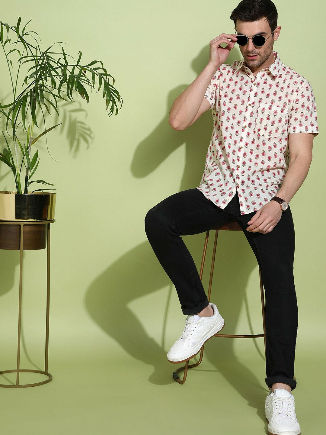 Men's Slim Fit Cream Cotton Shirt with Subtle Check Pattern