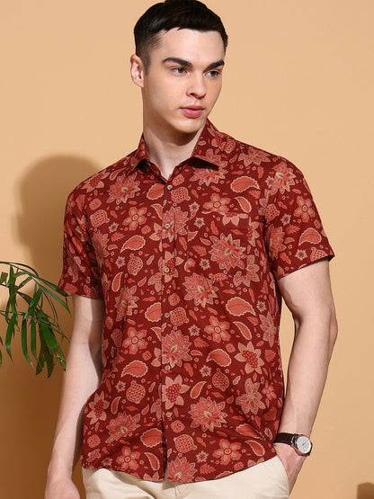 Men's Slim Fit Brown Cotton Shirt with Floral Print
