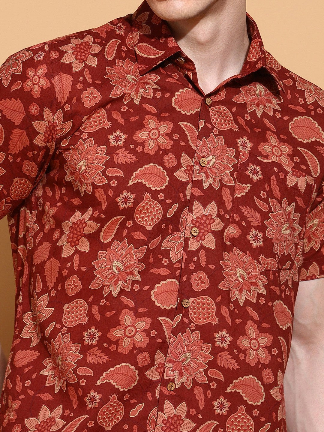 Men's Slim Fit Brown Cotton Shirt with Floral Print