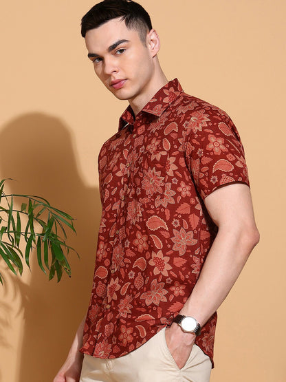 Men's Slim Fit Brown Cotton Shirt with Floral Print