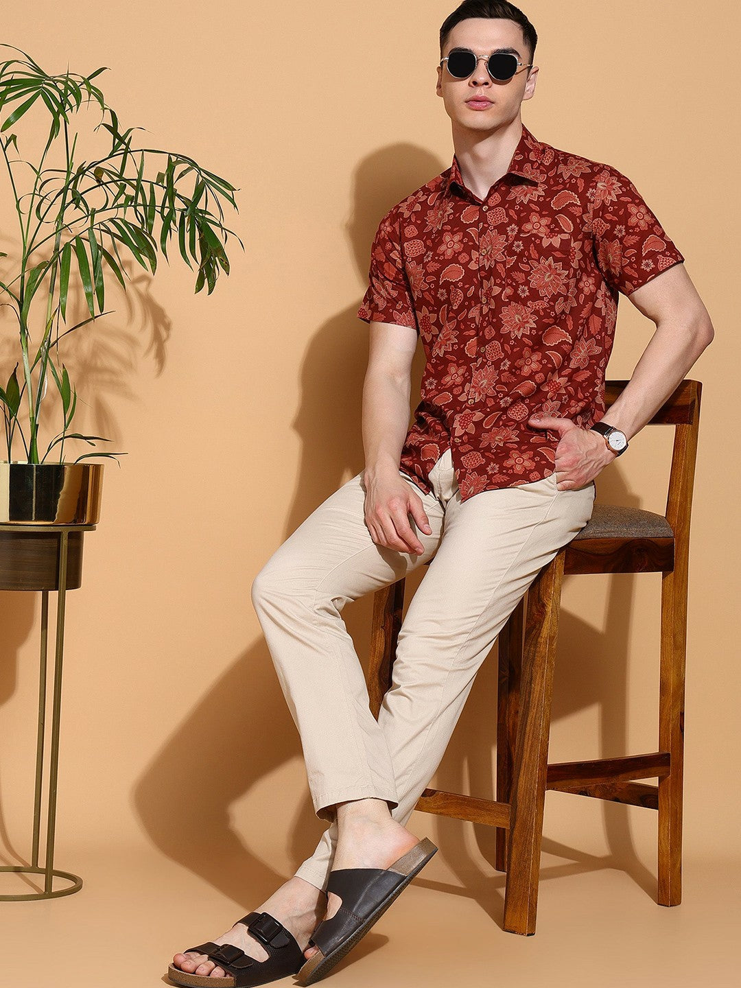 Men's Slim Fit Brown Cotton Shirt with Floral Print