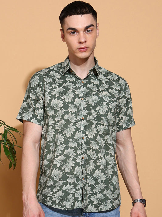 Men's Slim Fit Green Cotton Shirt with Leafy Floral Design