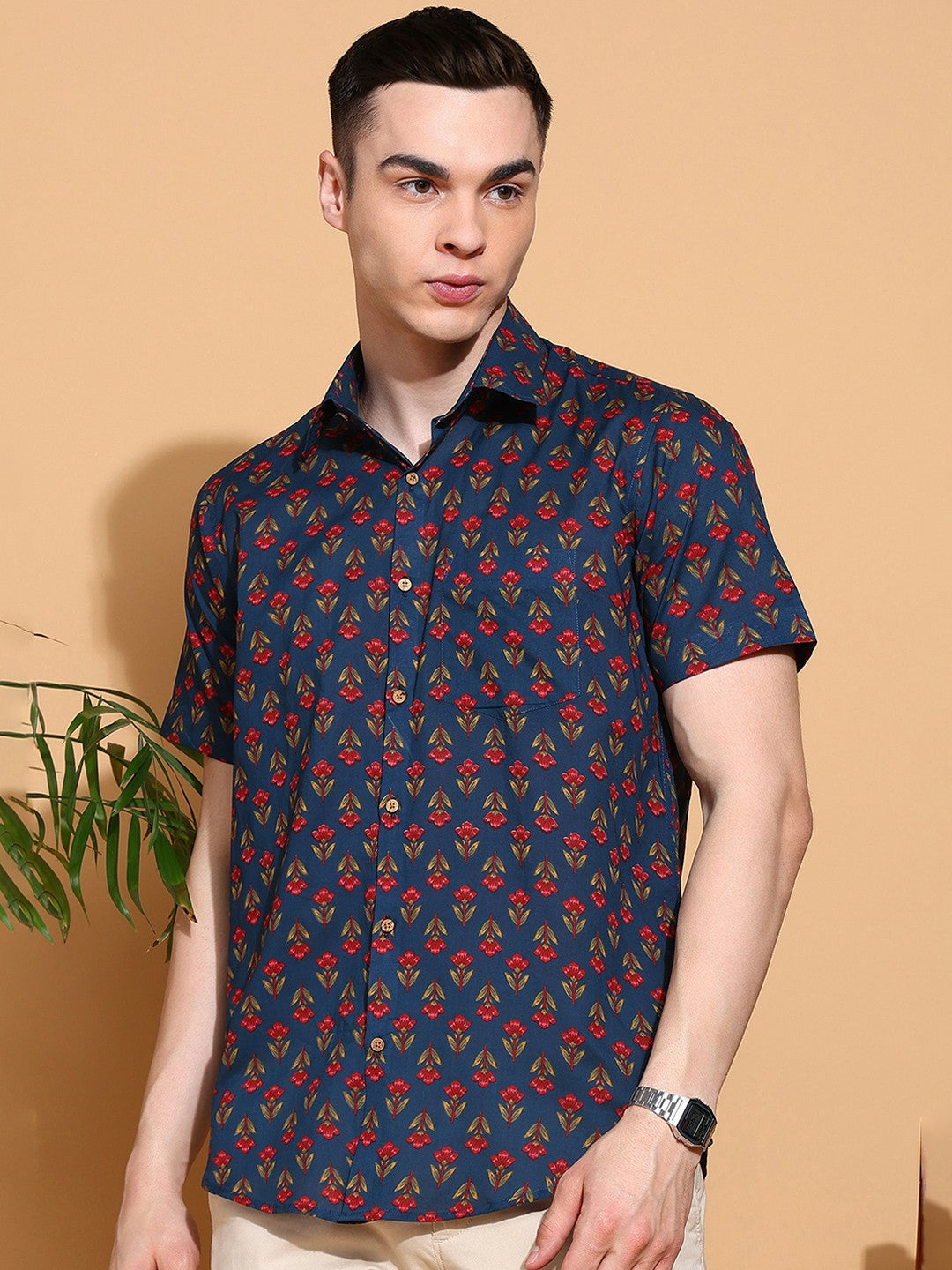 Men's Slim Fit Blue Cotton Shirt with Stylish Floral Print