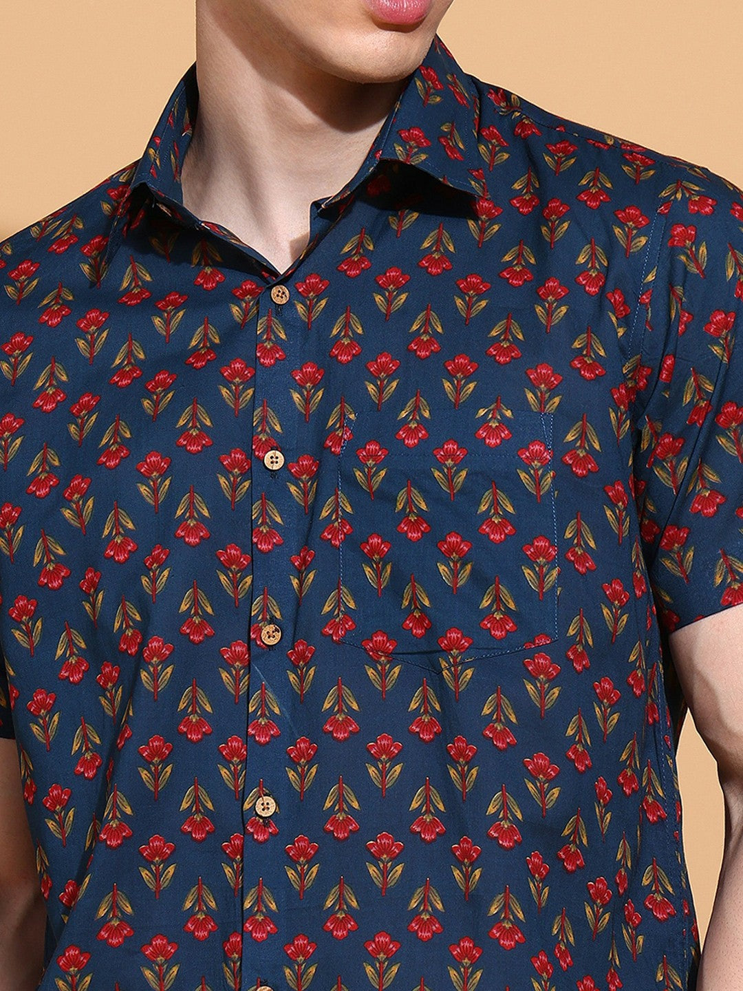 Men's Slim Fit Blue Cotton Shirt with Stylish Floral Print