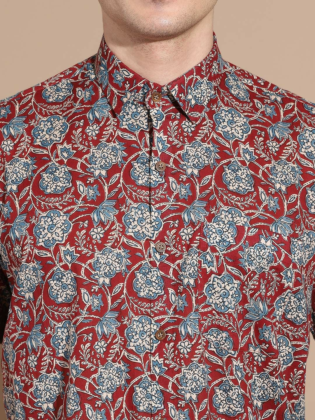 Men’s Maroon Floral Cotton Shirt – Bold Prints, Everyday Comfort