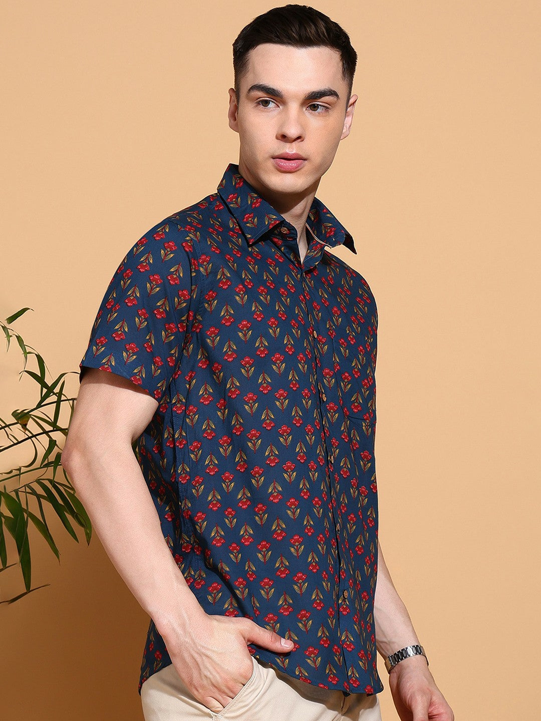 Men's Slim Fit Blue Cotton Shirt with Stylish Floral Print