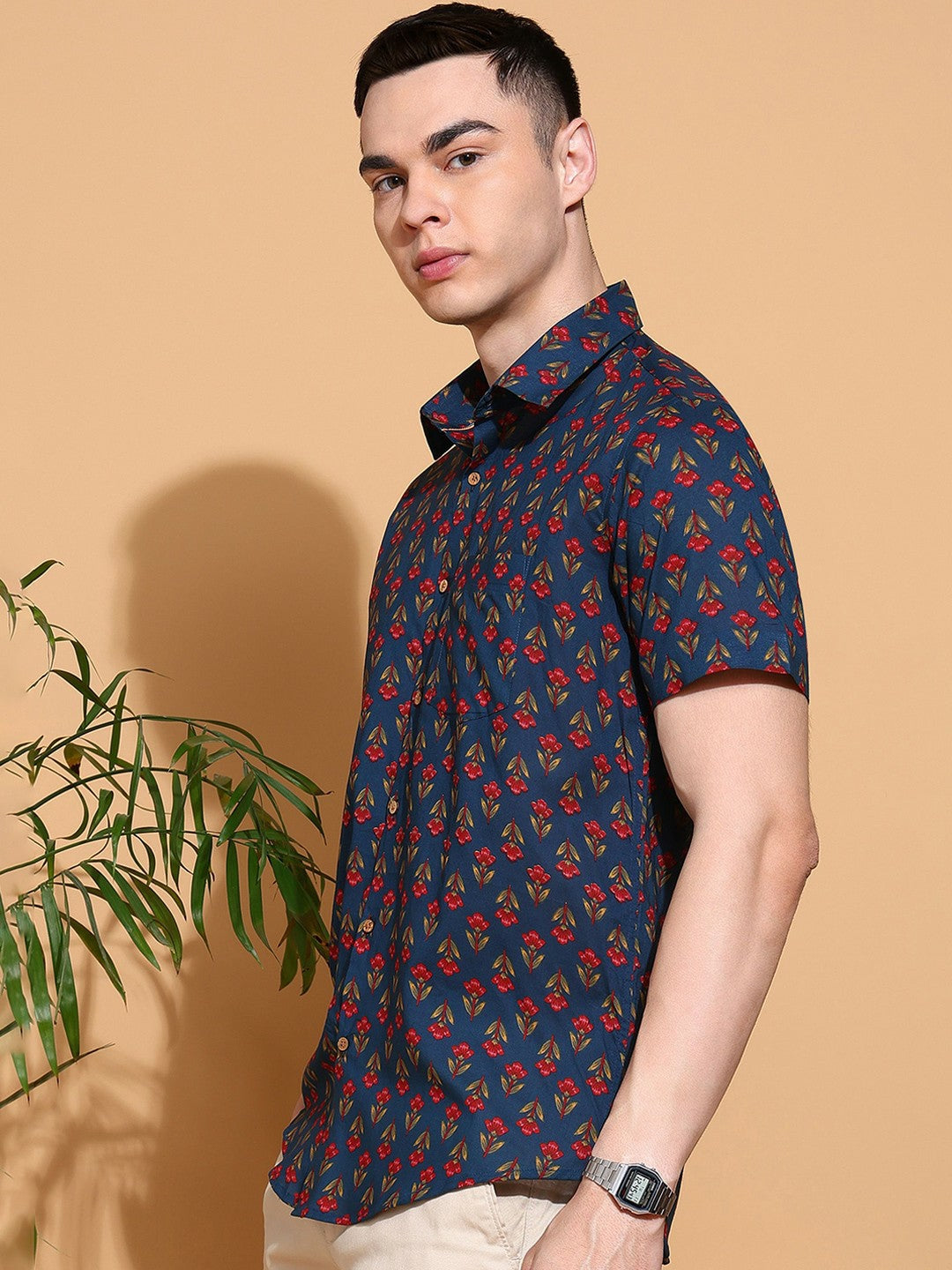 Men's Slim Fit Blue Cotton Shirt with Stylish Floral Print