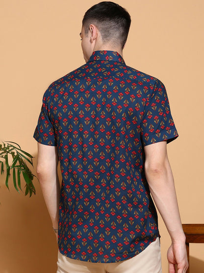 Men's Slim Fit Blue Cotton Shirt with Stylish Floral Print