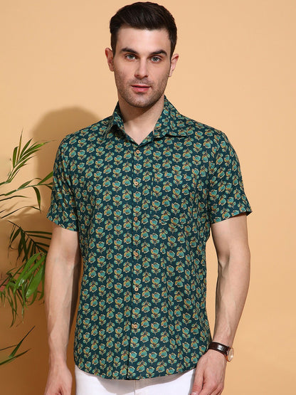 Men's Slim Fit Green Cotton Shirt with All-Over Floral Design