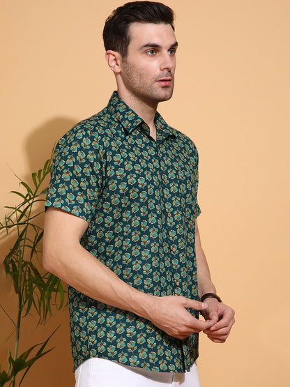 Men's Slim Fit Green Cotton Shirt with All-Over Floral Design