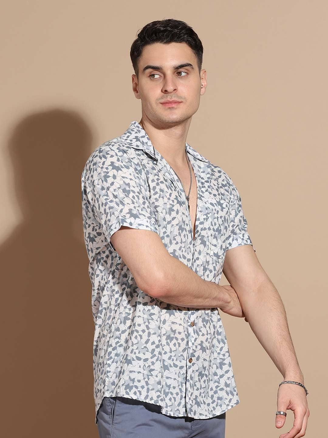 Men’s Grey Floral Cotton Shirt – Timeless Elegance with a Fresh Twist