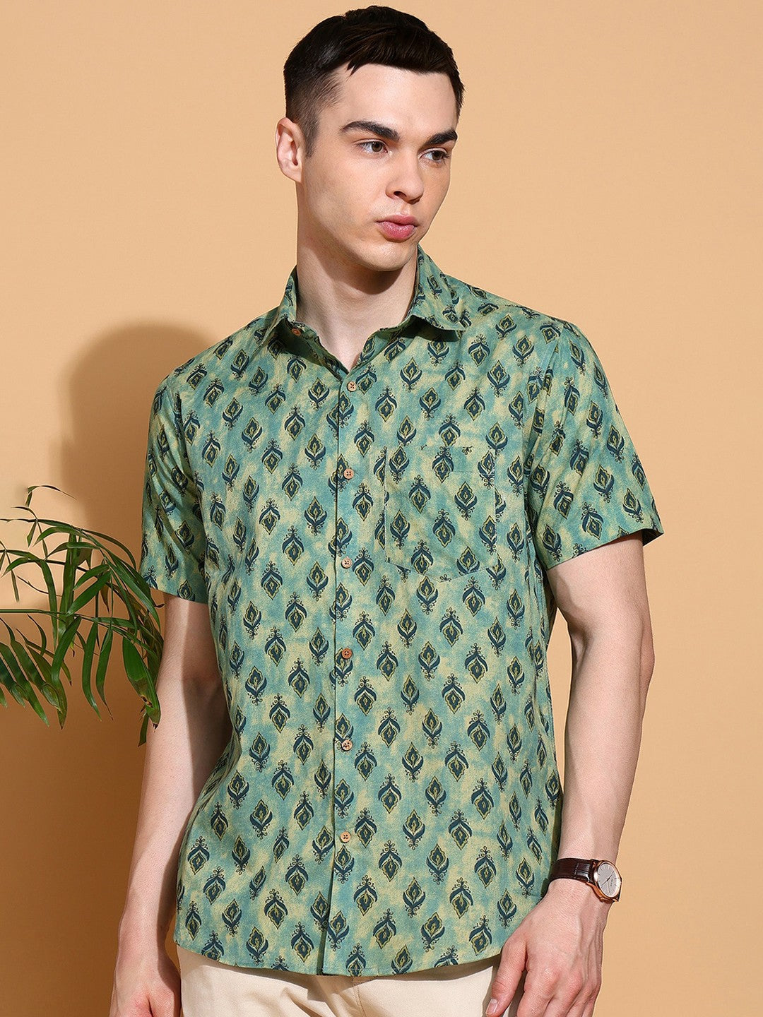 Men's Slim Fit Green Cotton Shirt with Subtle Floral Motif