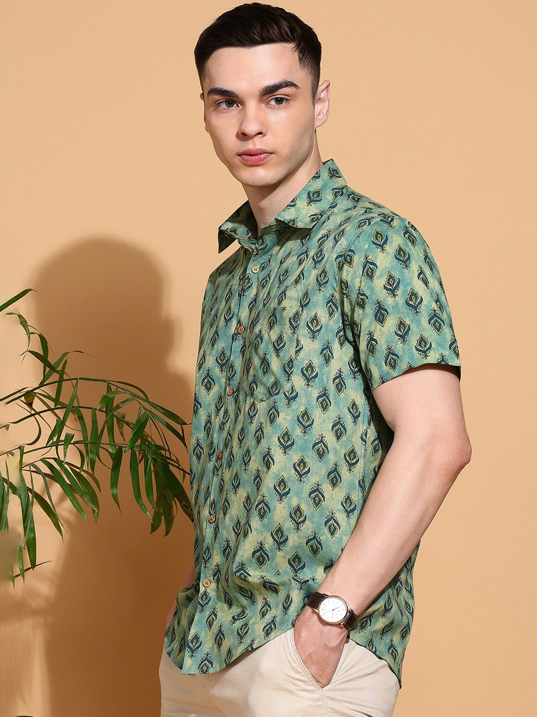 Men's Slim Fit Green Cotton Shirt with Subtle Floral Motif
