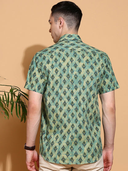Men's Slim Fit Green Cotton Shirt with Subtle Floral Motif