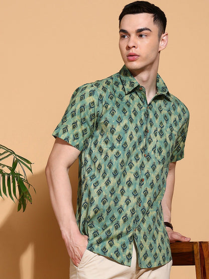 Men's Slim Fit Green Cotton Shirt with Subtle Floral Motif