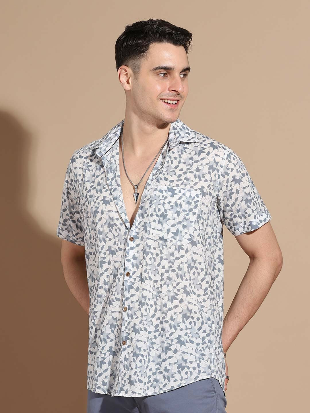 Men’s Grey Floral Cotton Shirt – Timeless Elegance with a Fresh Twist