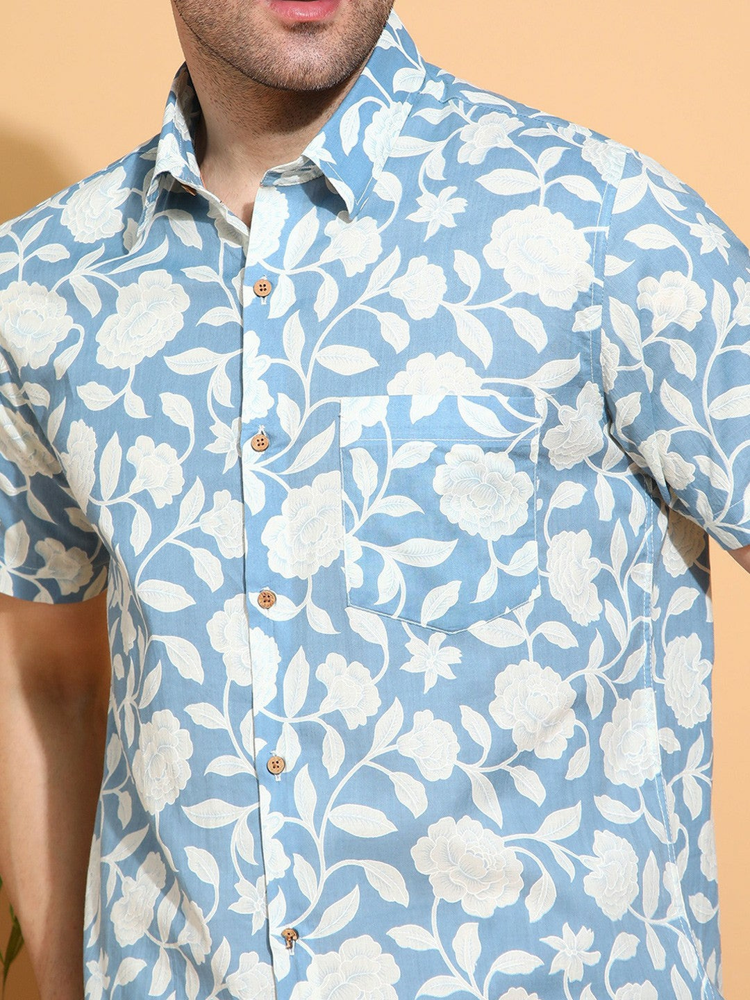 Men's Slim Fit Blue Cotton Shirt with Soft Floral Pattern