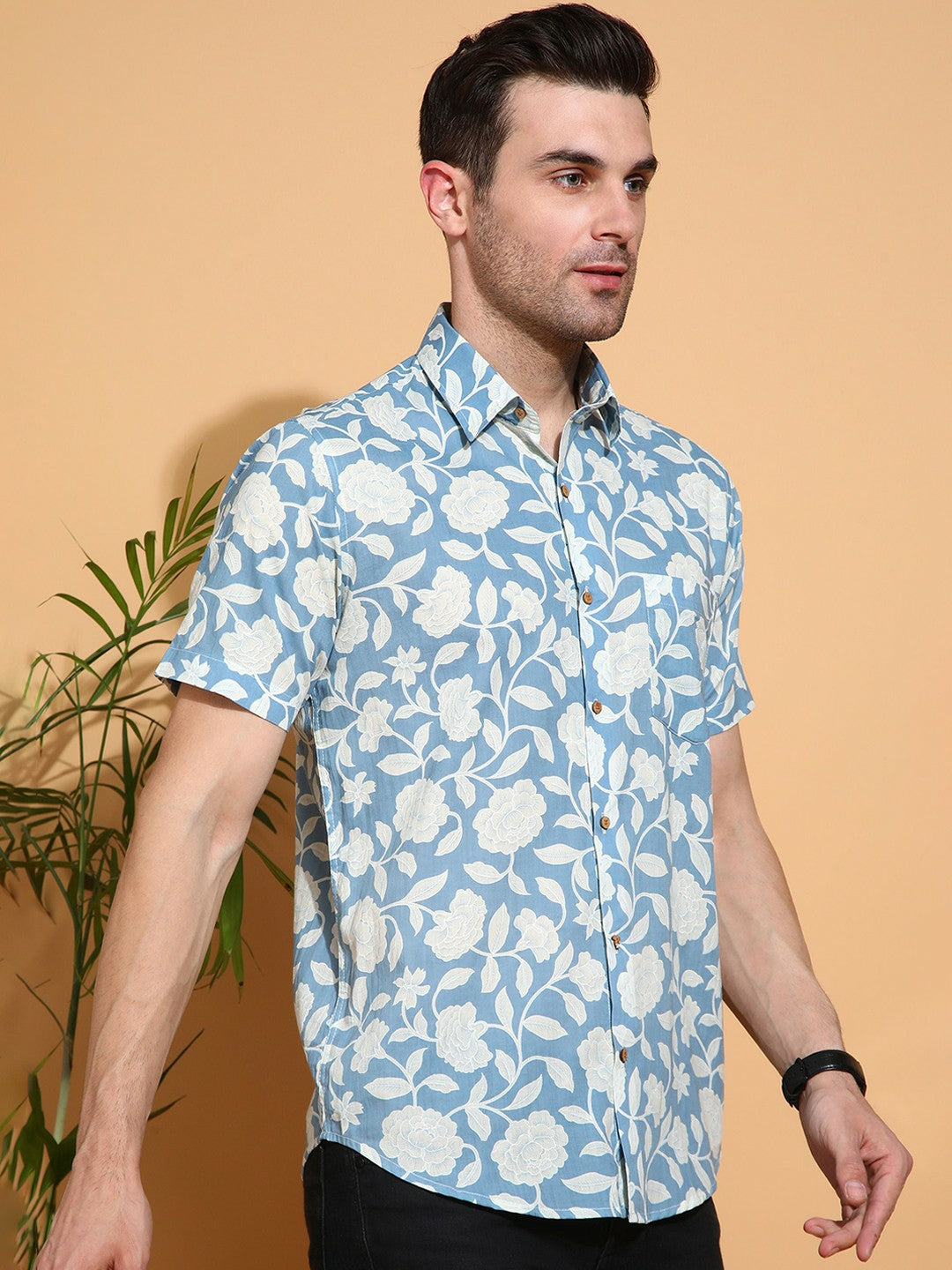 Men's Slim Fit Blue Cotton Shirt with Soft Floral Pattern