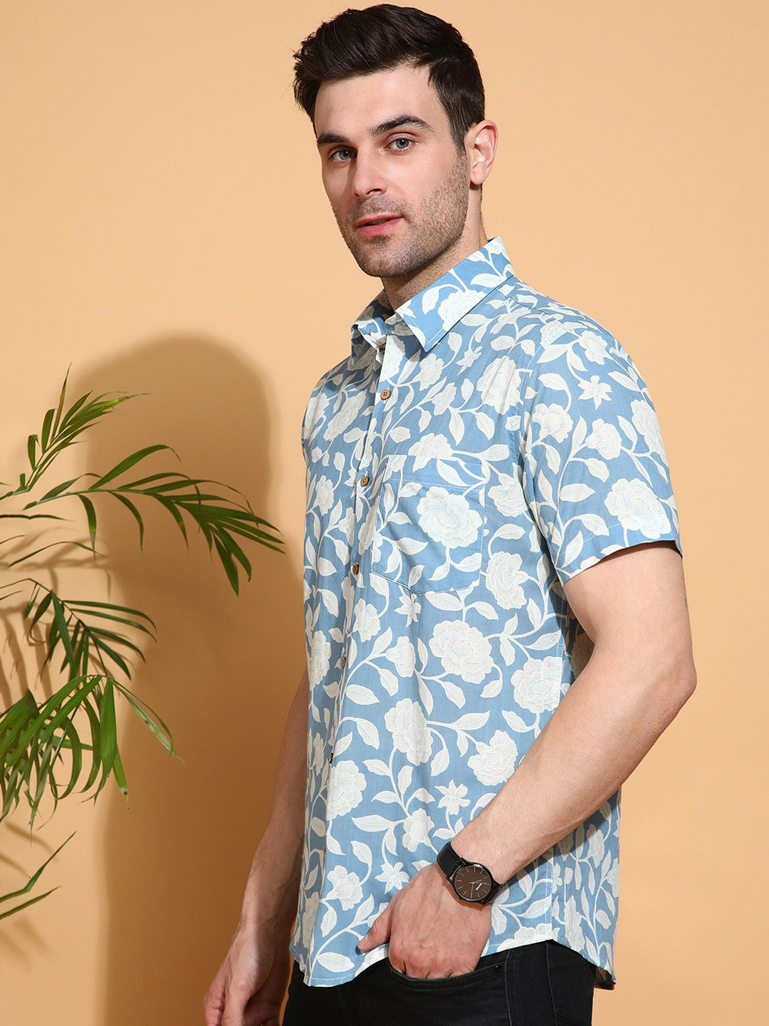 Men's Slim Fit Blue Cotton Shirt with Soft Floral Pattern