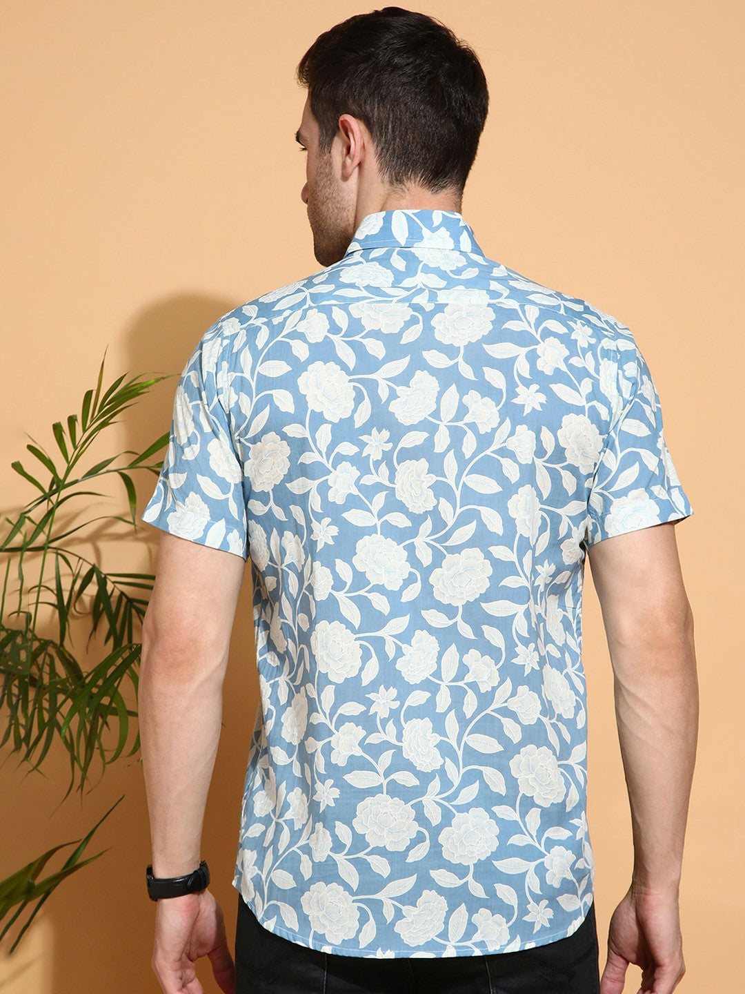 Men's Slim Fit Blue Cotton Shirt with Soft Floral Pattern