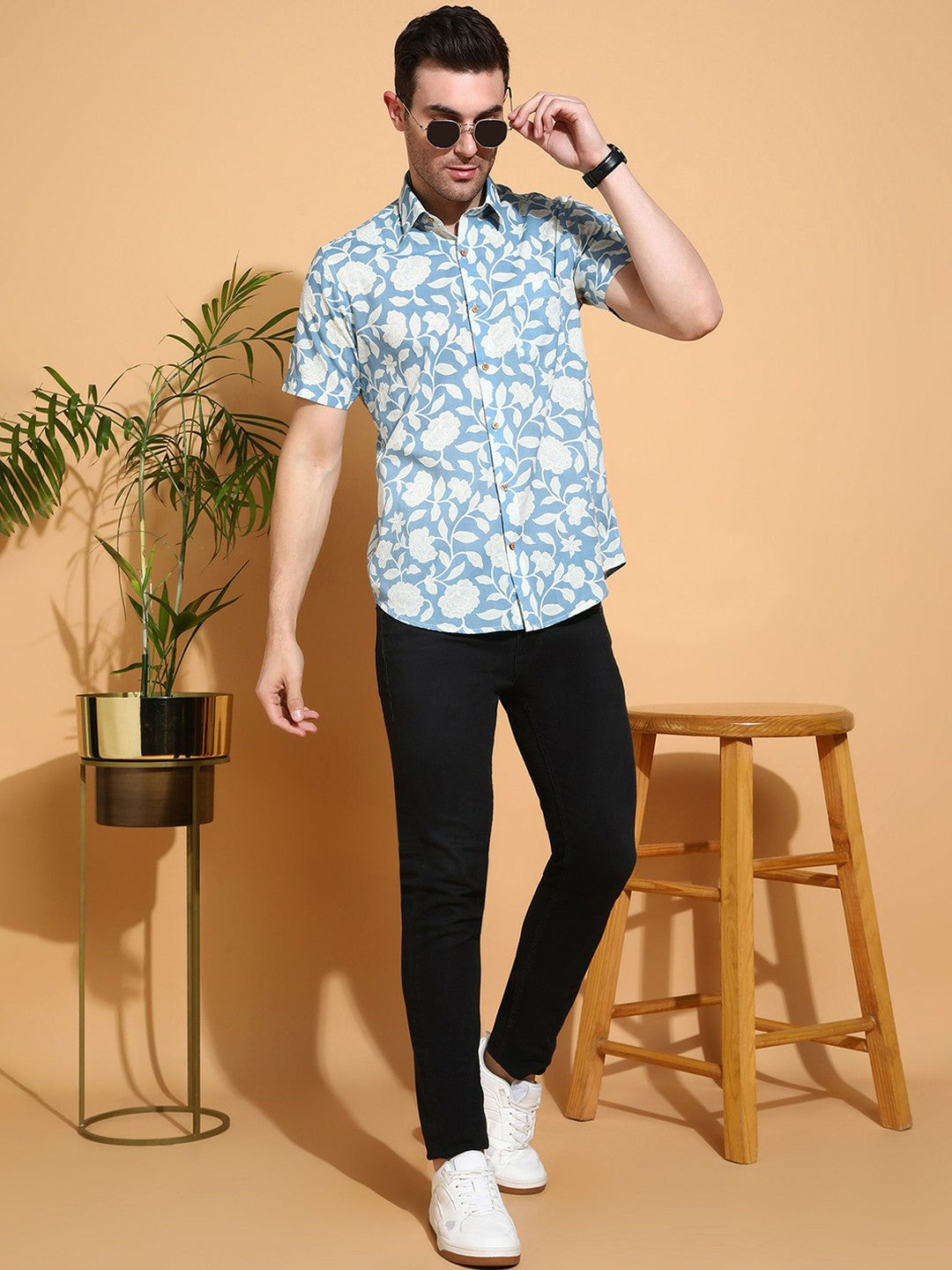 Men's Slim Fit Blue Cotton Shirt with Soft Floral Pattern