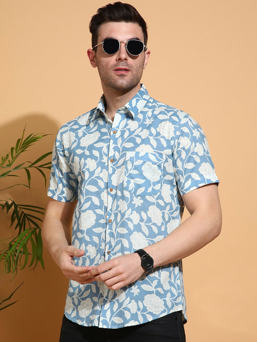 Men's Slim Fit Blue Cotton Shirt with Soft Floral Pattern