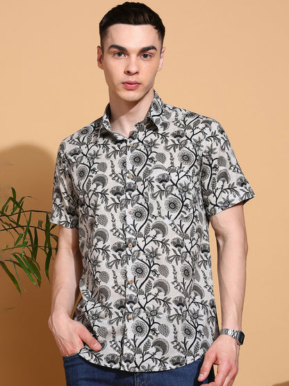 Men's Slim Fit Grey Cotton Shirt with Elegant Floral Print